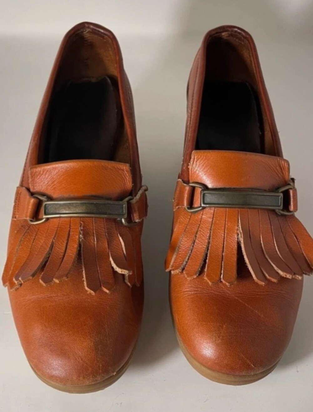 Vintage 70s Leather Tassel Loafers Wedge Heels 6M?